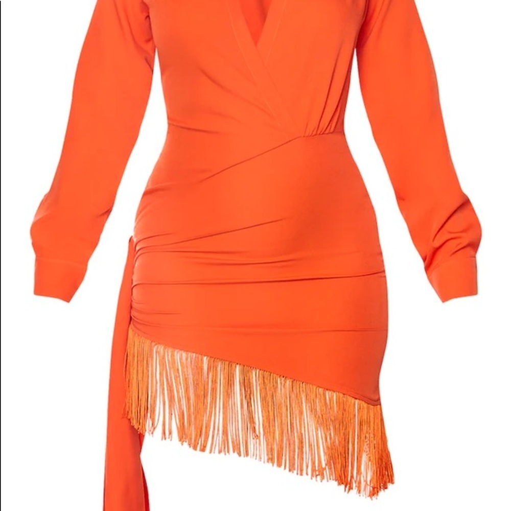 PLT prettylittlething bright orange fringe tassel shirt long sleeve dress - Picture 4 of 6